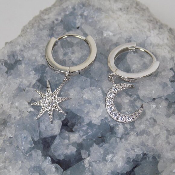 new! starburst sun crescent moon charm huggie earrings - Picture 5 of 5